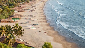 A beach with boats, palm trees, and a clear sky. - Mariners Bay Resorts (Mandrem)