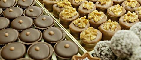A variety of chocolate confections arranged on display.