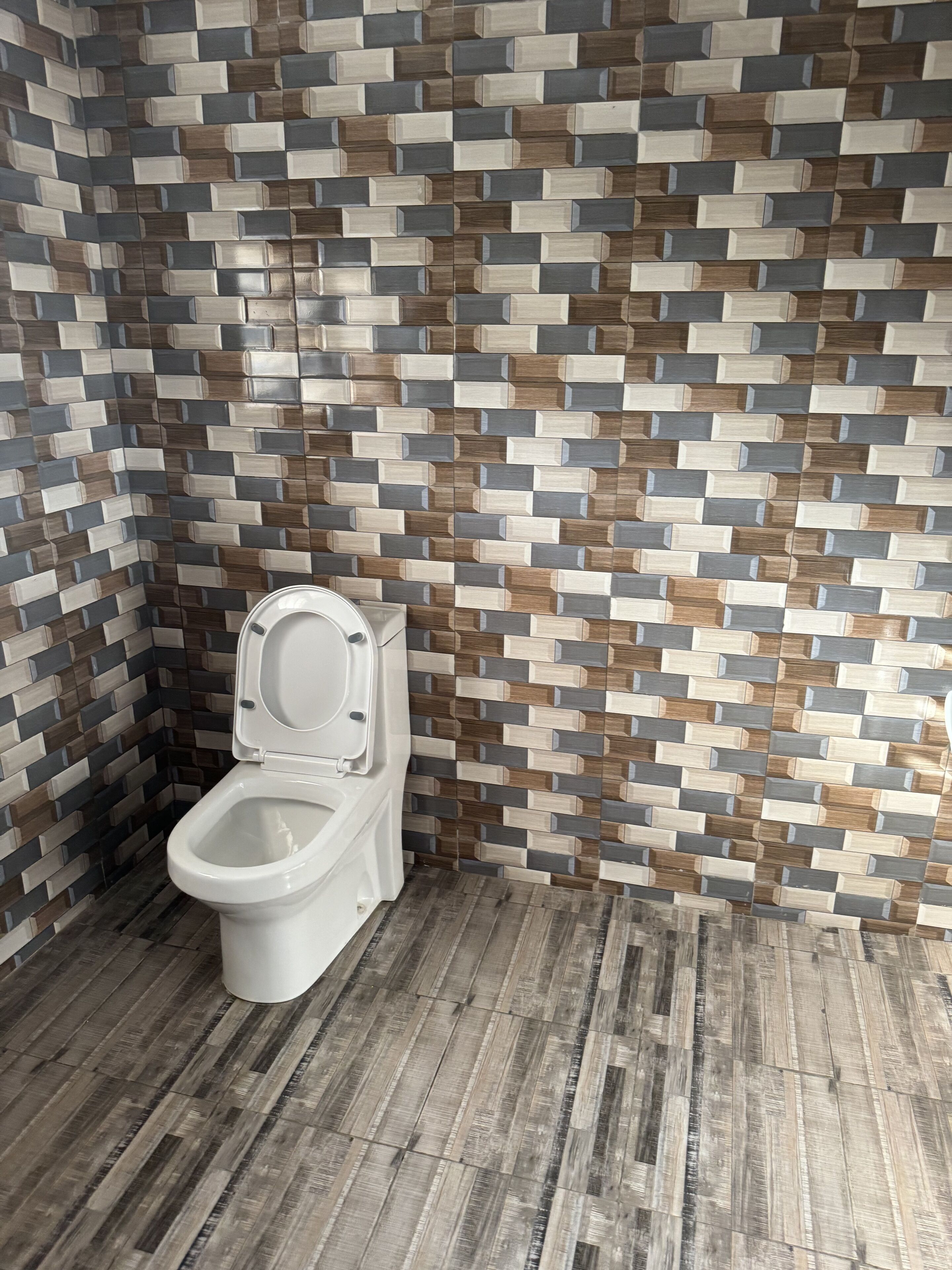 A bathroom with a modern tiled wall and a wooden floor.