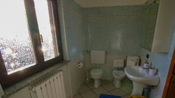 Une salle de bain équipée de toilettes, d’un bidet et d’un lavabo.