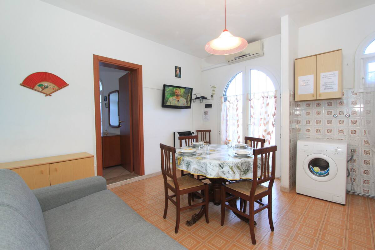 A dining area with a table set for four, a washing machine, and a sofa.