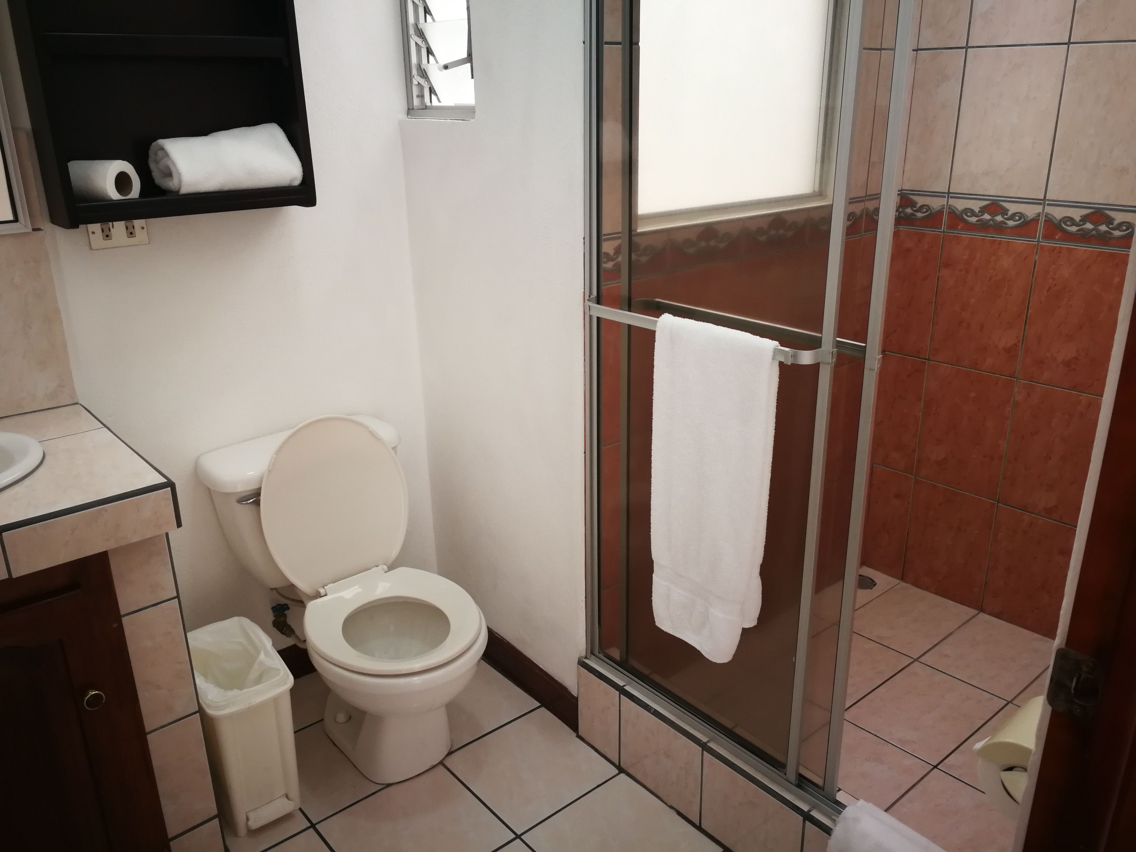 A bathroom with a toilet, a sink, a trash bin, a towel rack, and a shower area with a glass door.