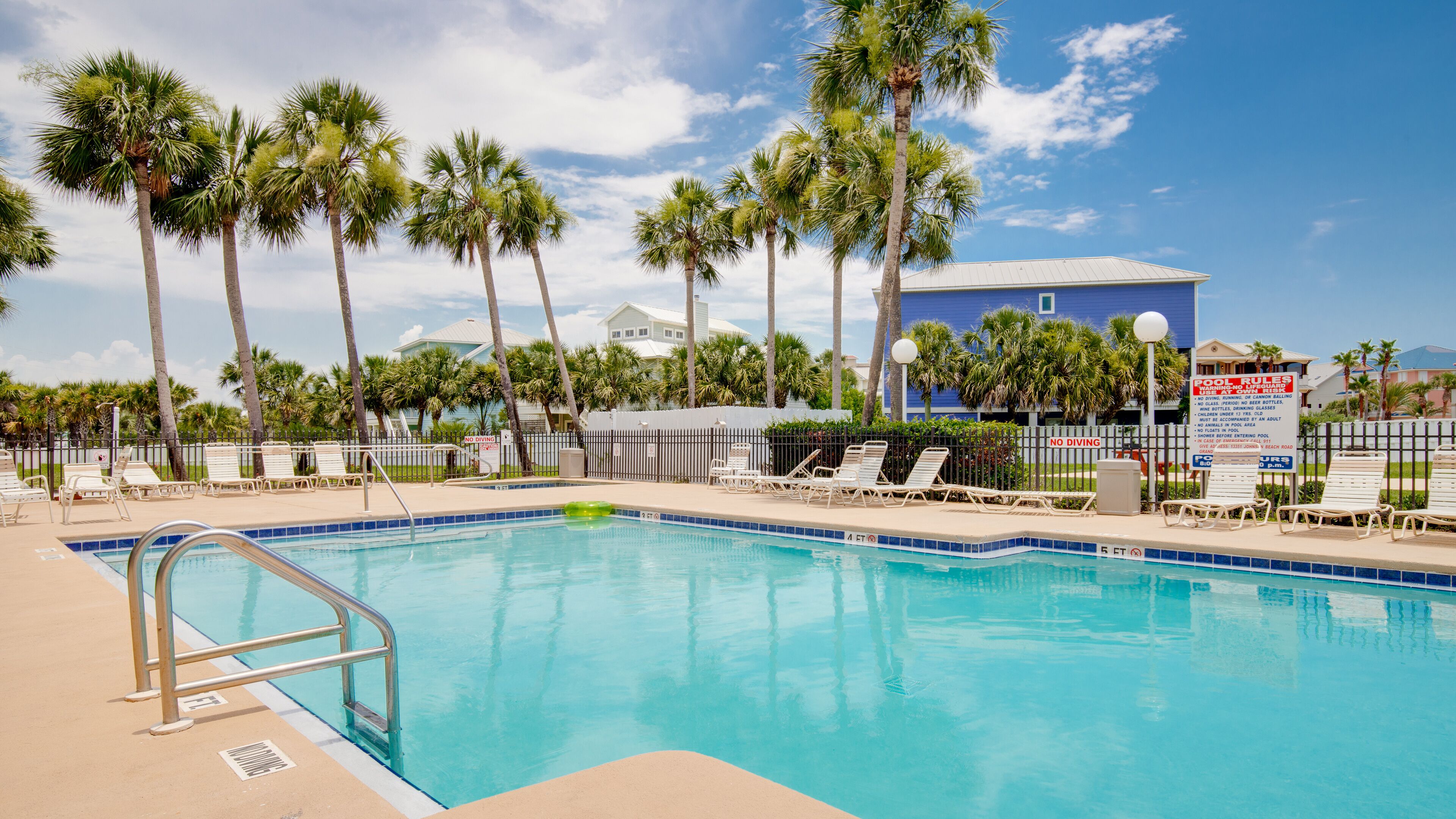 A swimming pool with a no diving sign, surrounded by palm trees and lounge chairs.