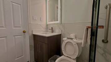 Un baño con inodoro, lavabo, espejo y cabina de ducha de vidrio.