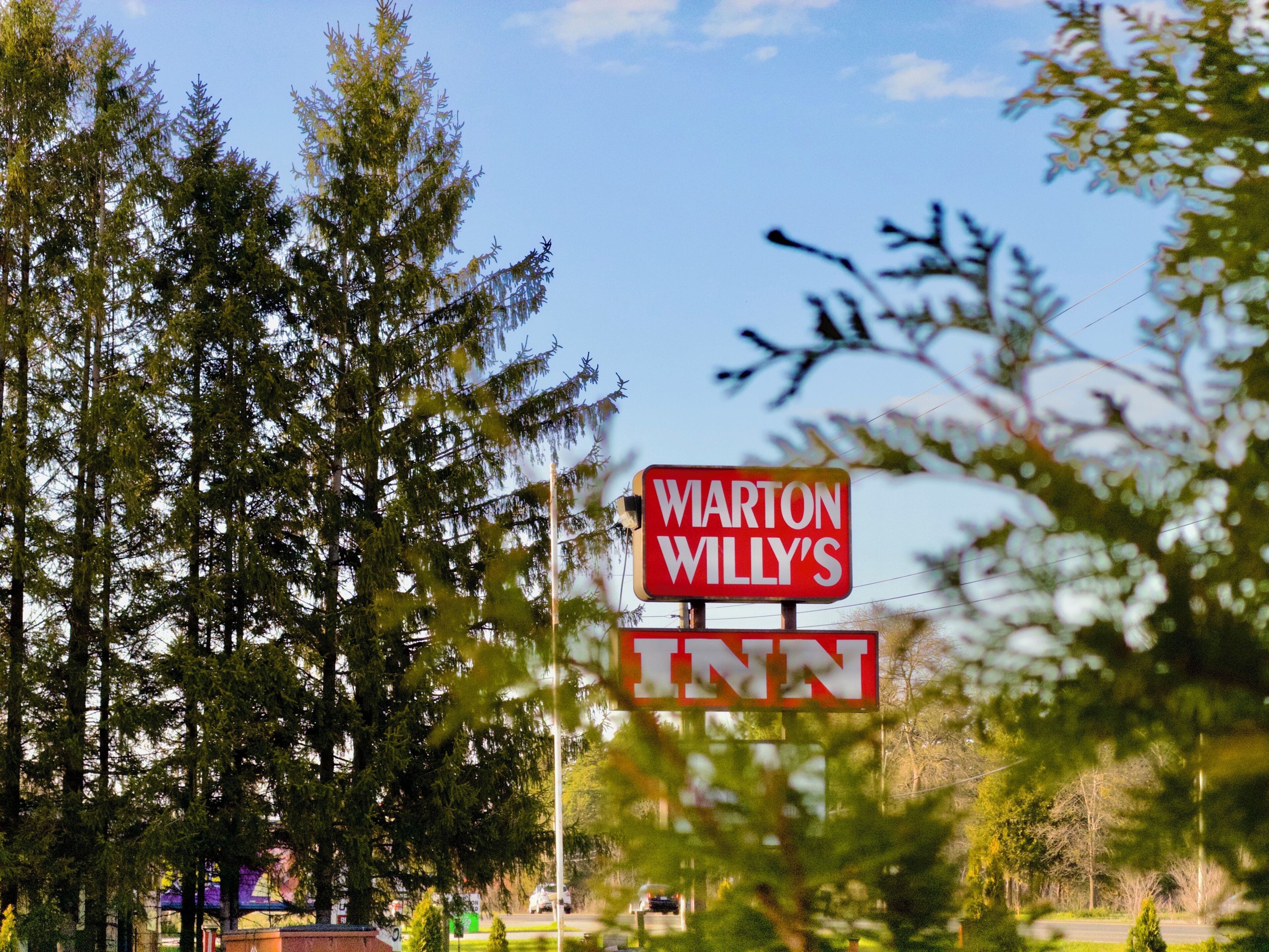 A sign for 'Warton Willy's Inn' with a clear view of surrounding trees.