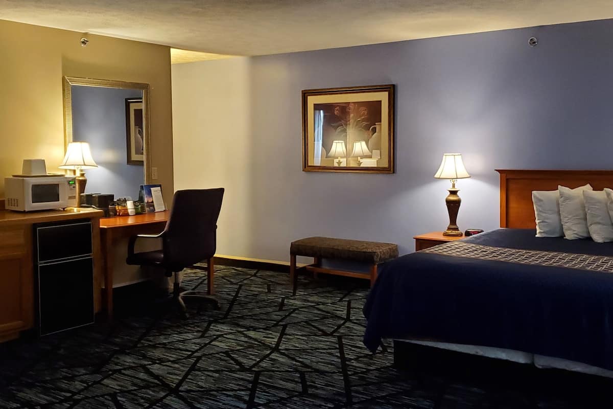 Habitación de hotel con cama, escritorio, microondas, silla y una mesita de noche con lámpara.