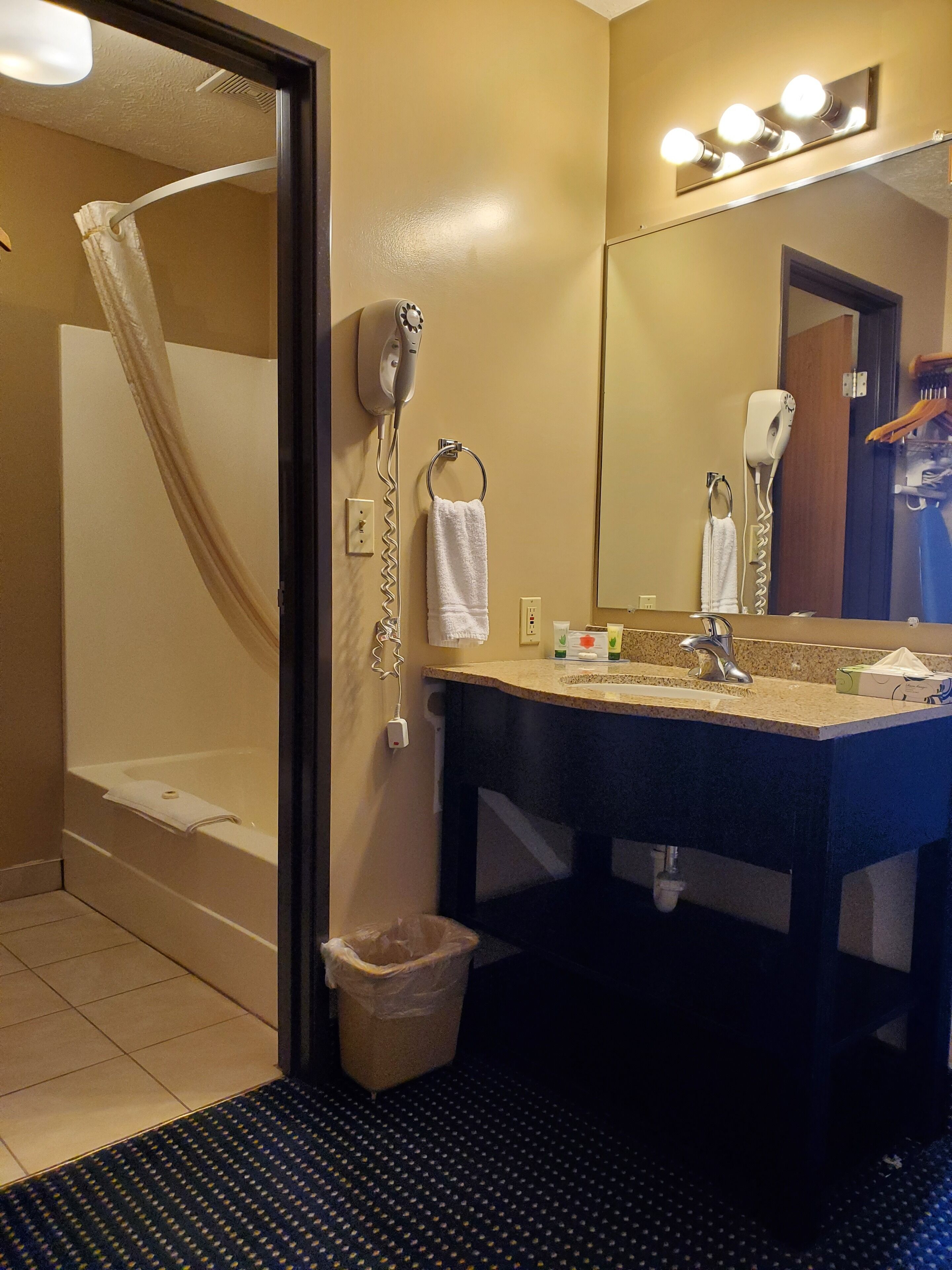 combined shower/bathtub, free toiletries, hair dryer, towels