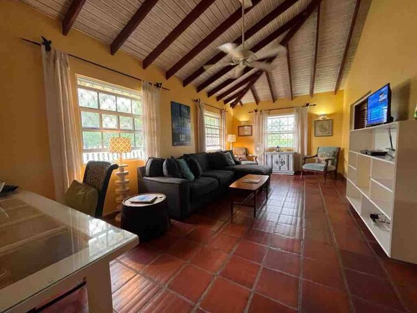A spacious living room with a high ceiling, a sofa, a coffee table, and a TV.