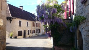Une rue étroite bordée d’immeubles en pierre, un arbre aux fleurs violettes et un ciel dégagé.