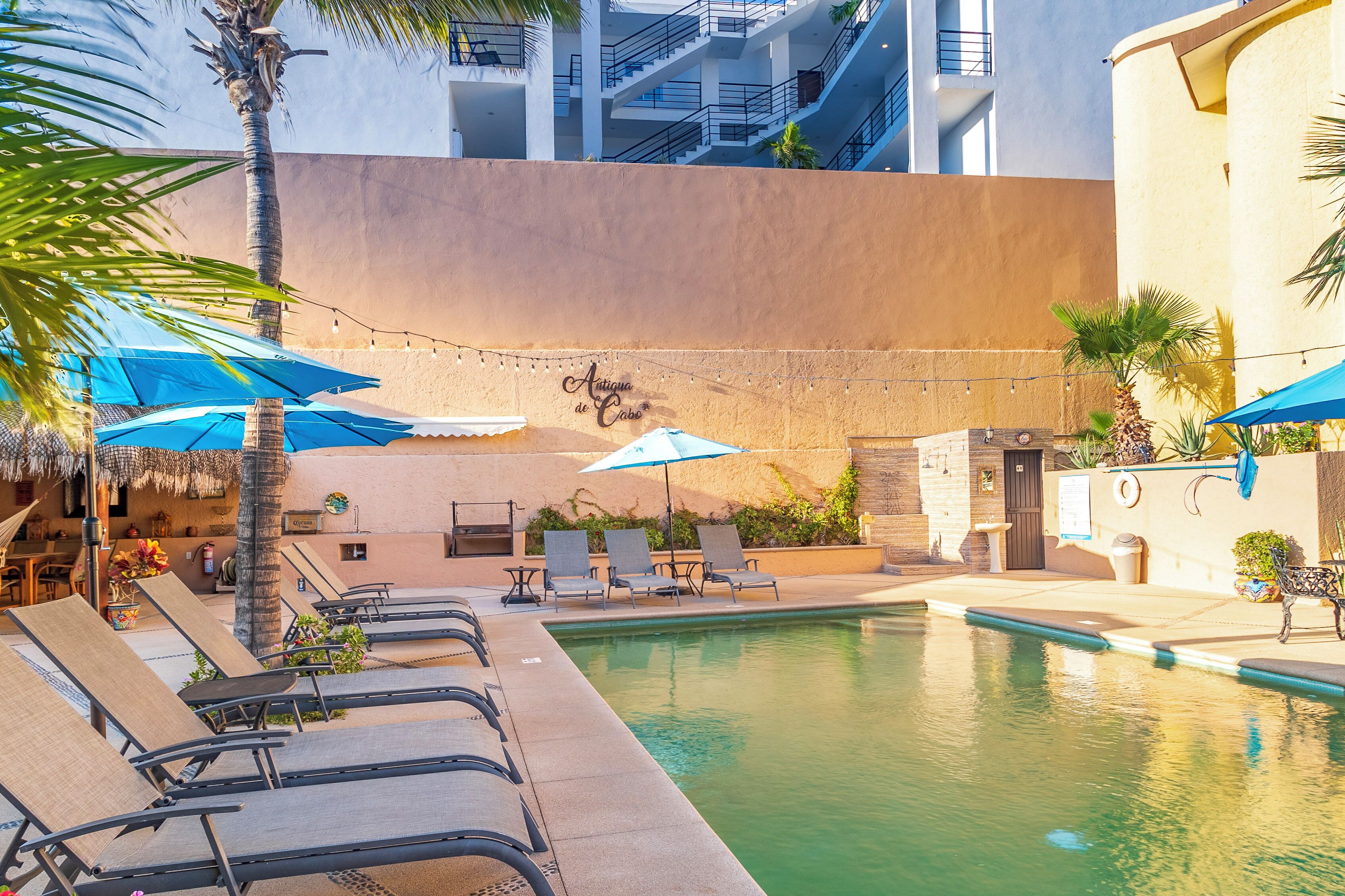 A pool area with lounge chairs and umbrellas, a palm tree, and a building with a sign reading "Antique de Cabo".