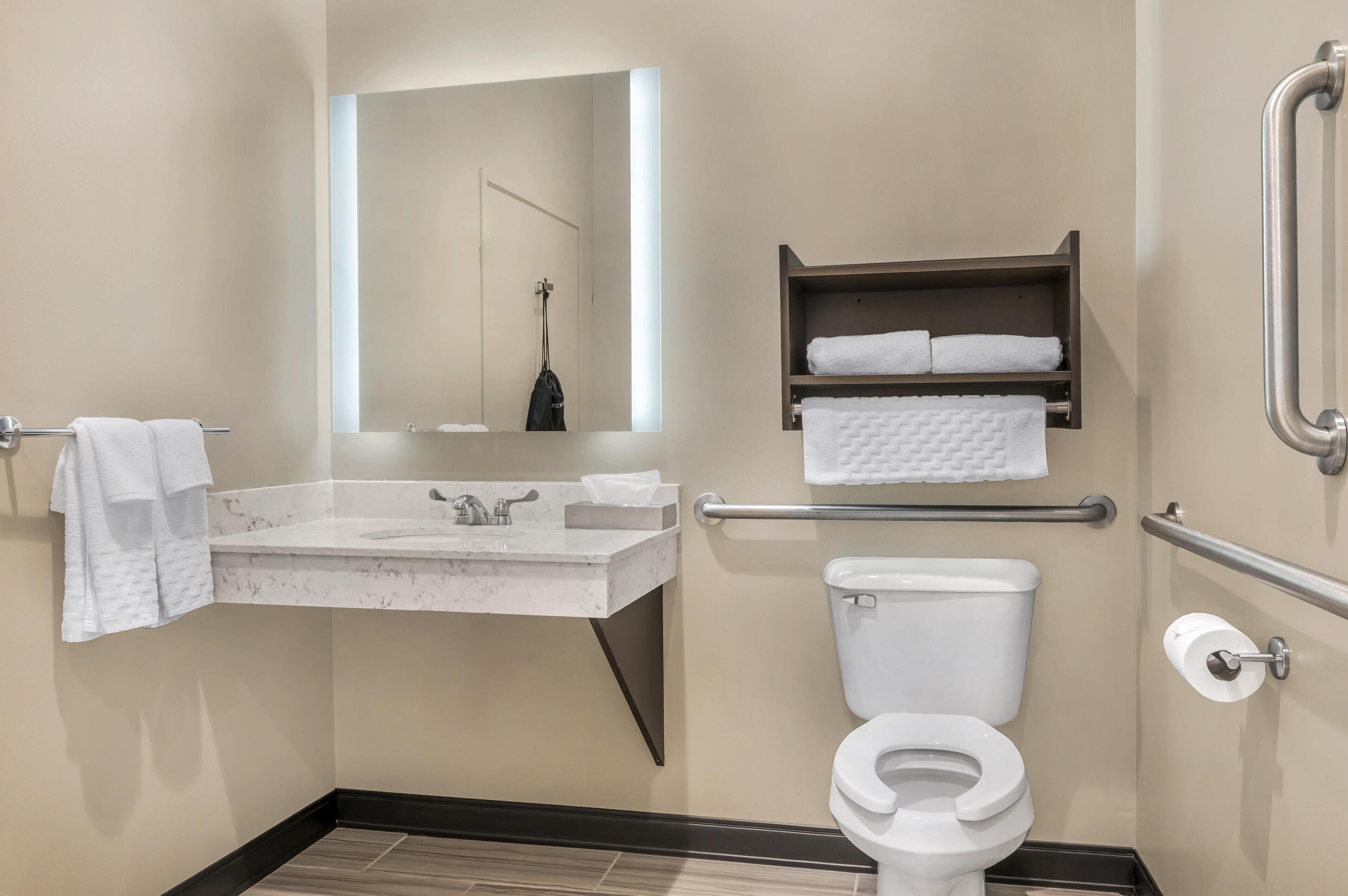 combined shower/bathtub, free toiletries, hair dryer, towels