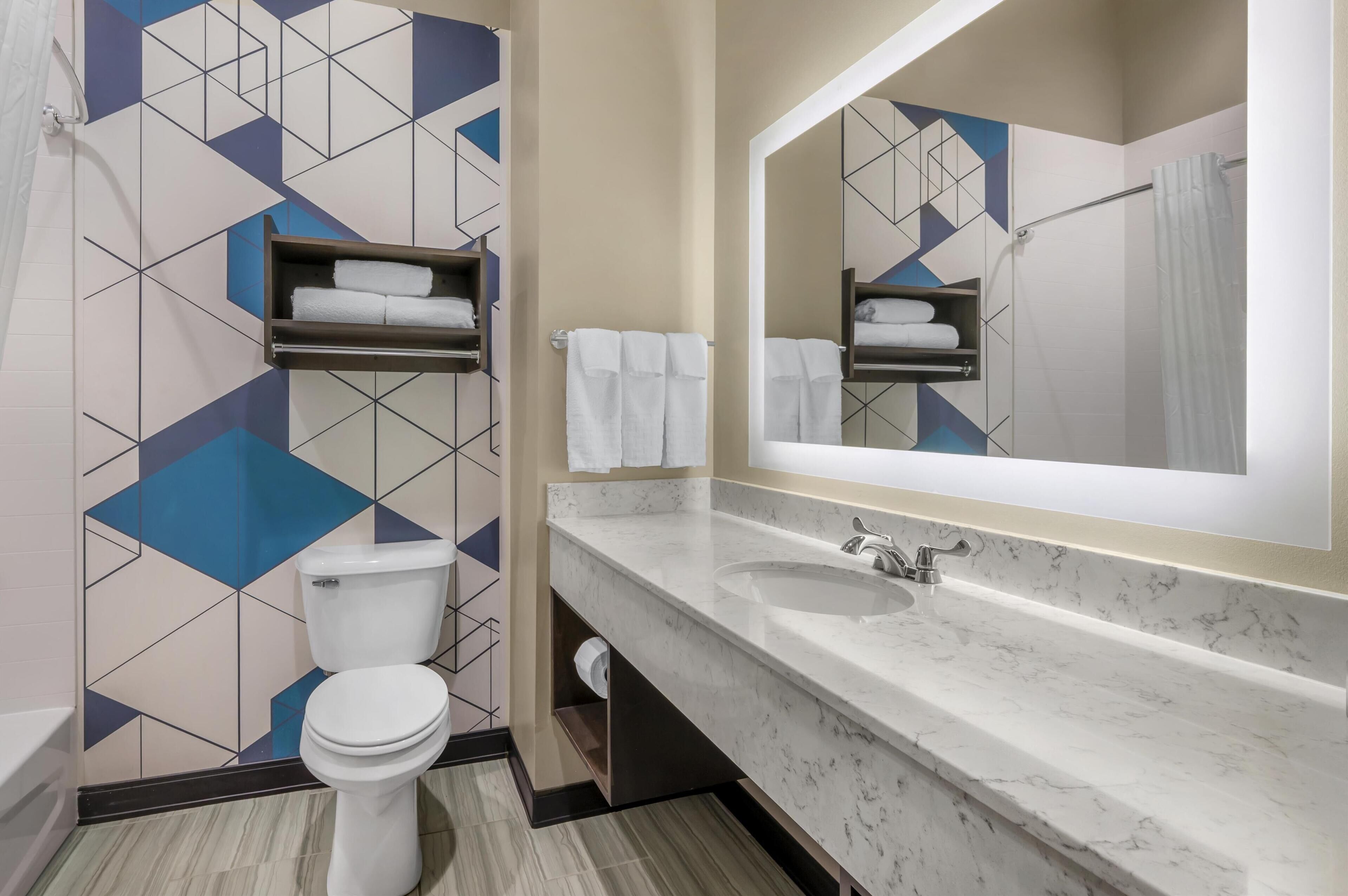 combined shower/bathtub, free toiletries, hair dryer, towels