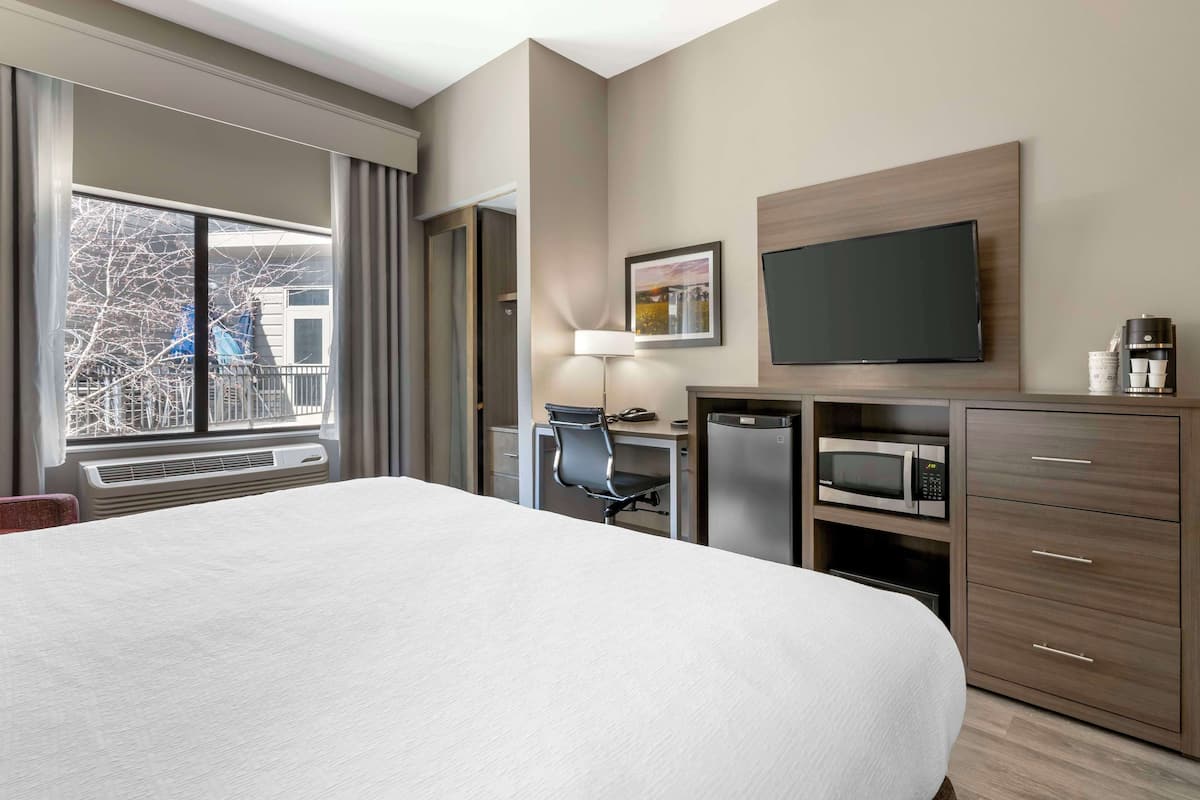 A hotel room with a large bed, a desk with a chair, a microwave, a refrigerator, a television, and a window with curtains.