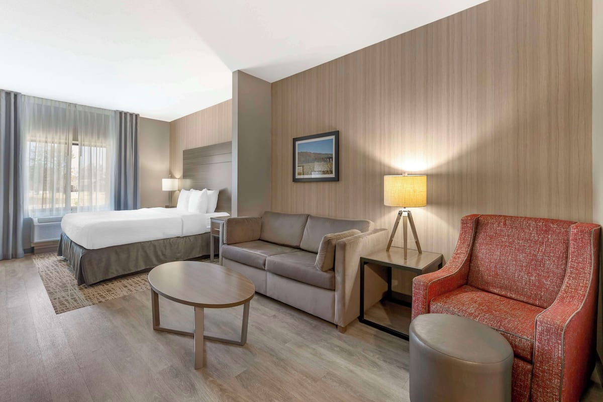 A hotel room with a bed, a sofa, a chair, a small table, and a lamp.