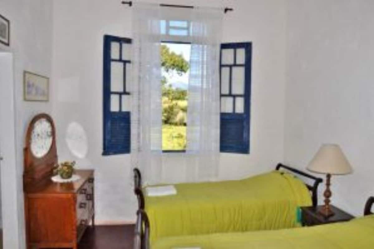 A bedroom with a bed, a nightstand, a lamp, a dresser, and a window with blue shutters.