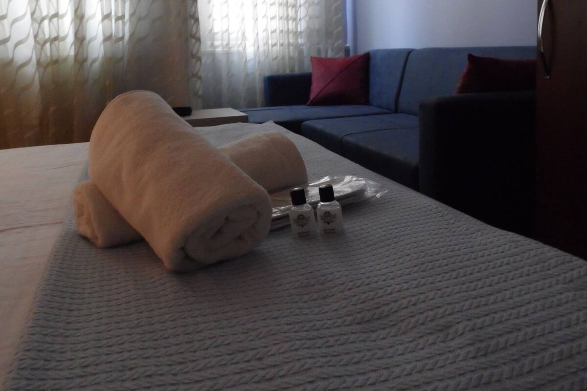 Desk, blackout curtains, soundproofing, free WiFi