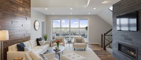 Flat-screen TV, fireplace