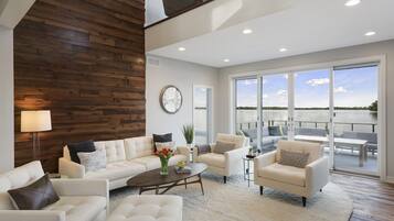 Flat-screen TV, fireplace