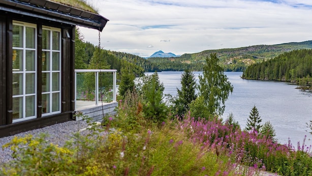 A house with a glass balcony overlooking a lake, surrounded by greenery and mountains.