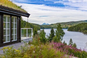 A house with a glass balcony overlooking a lake, surrounded by greenery and mountains.
