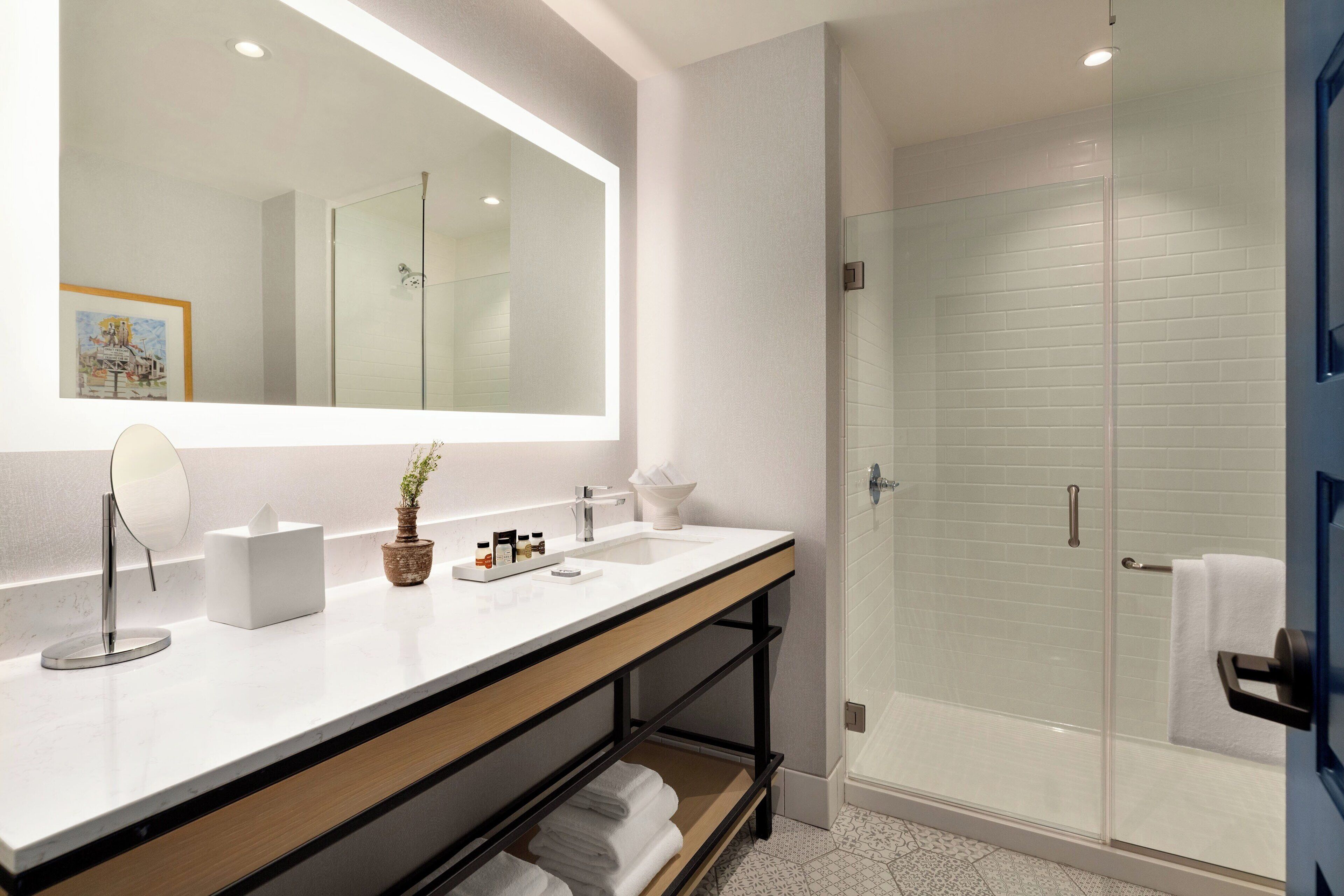 shower, rainfall showerhead, hair dryer, bathrobes