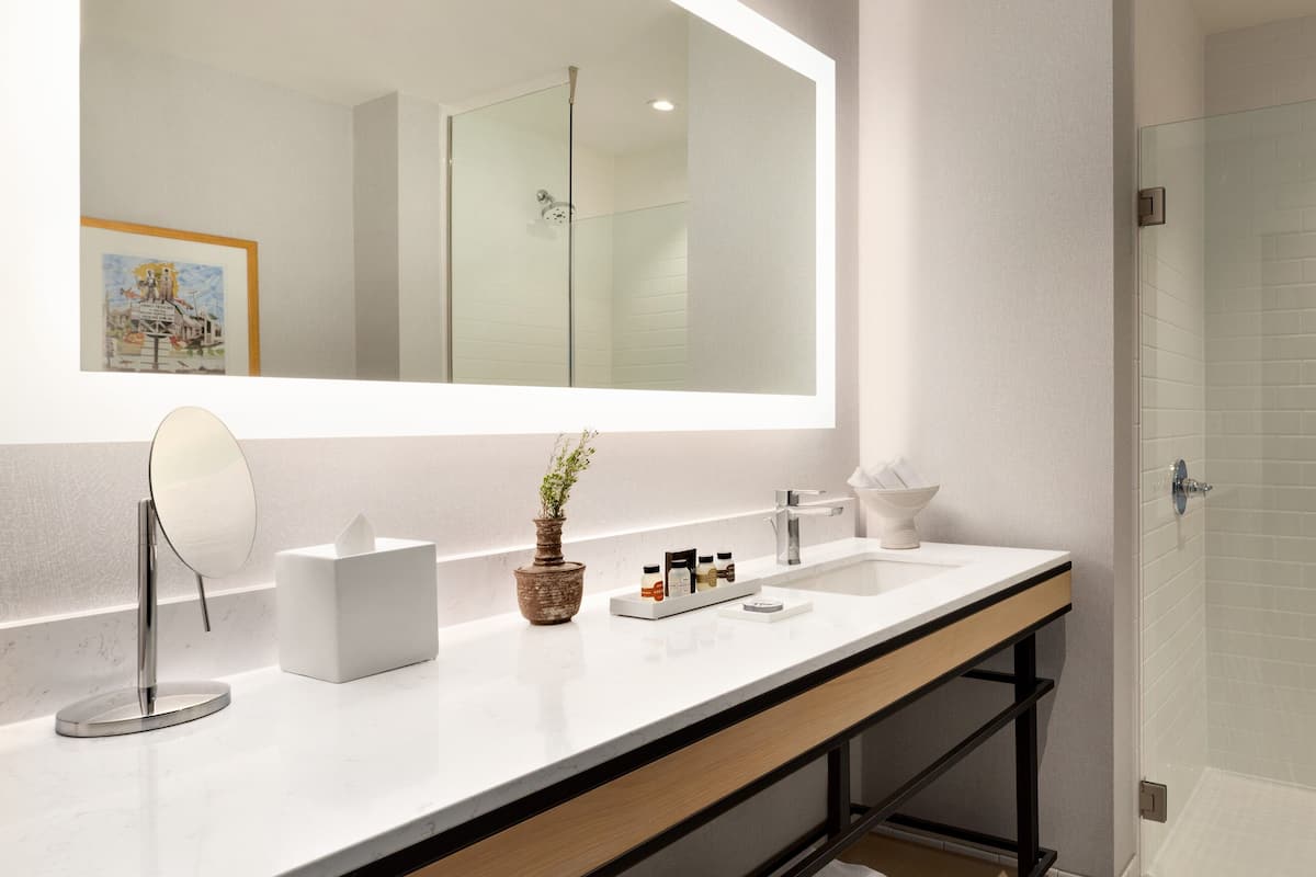 room, 1 king bed (mobility accessible, transfer shower) | bathroom | shower, rainfall showerhead, hair dryer, bathrobes