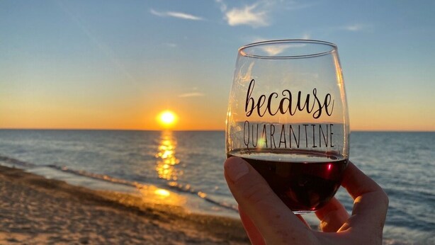 A hand holding a glass with the text "because QUARANTINE" against a sunset beach backdrop. - Owls Nest Beach House - Just Steps From Our Private Beautiful Sandy Beach (Union Pier)