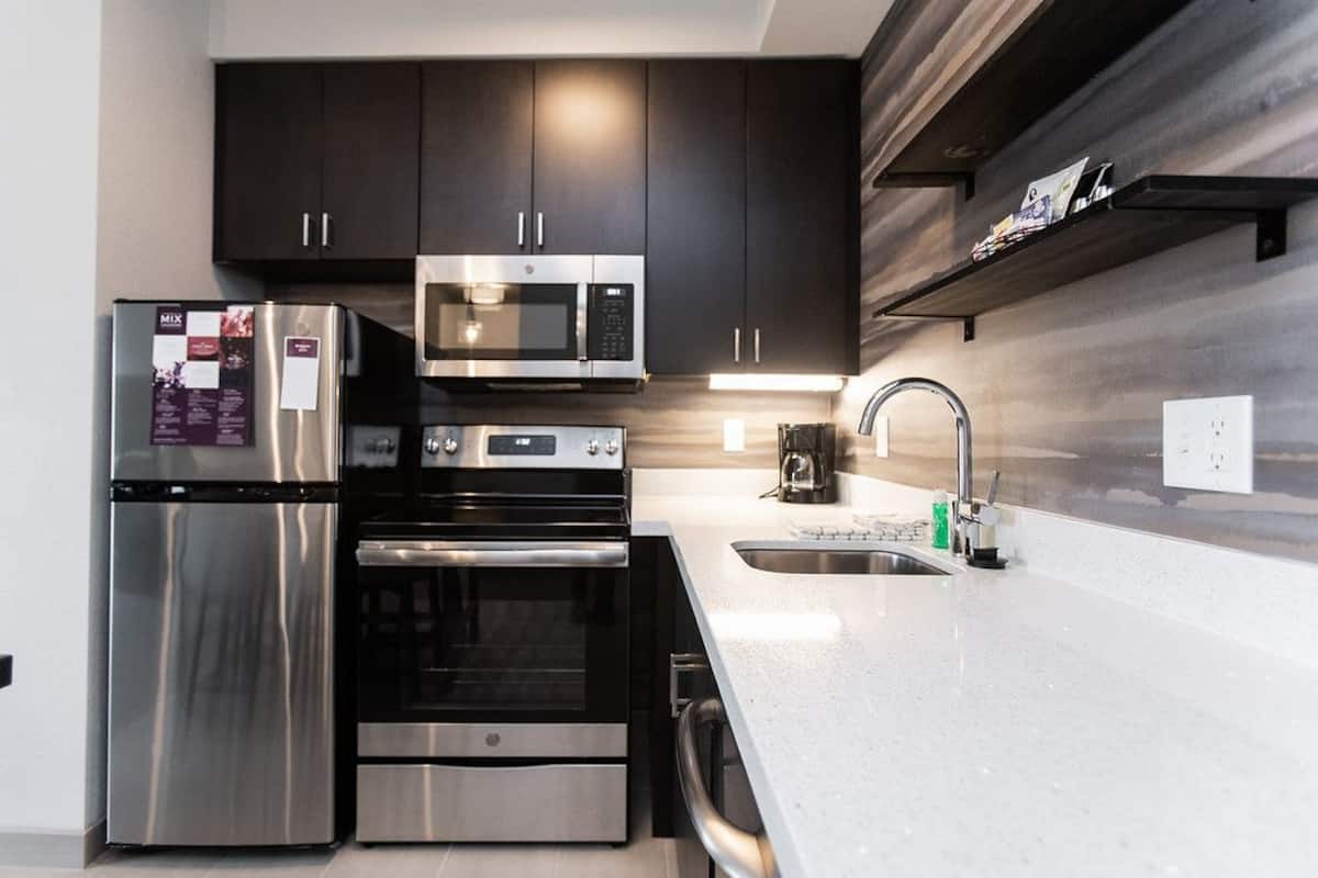 full-sized fridge, microwave, oven, stovetop