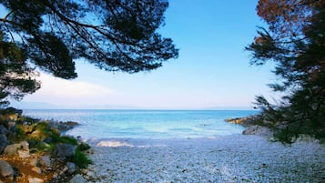 On the beach, sun-loungers