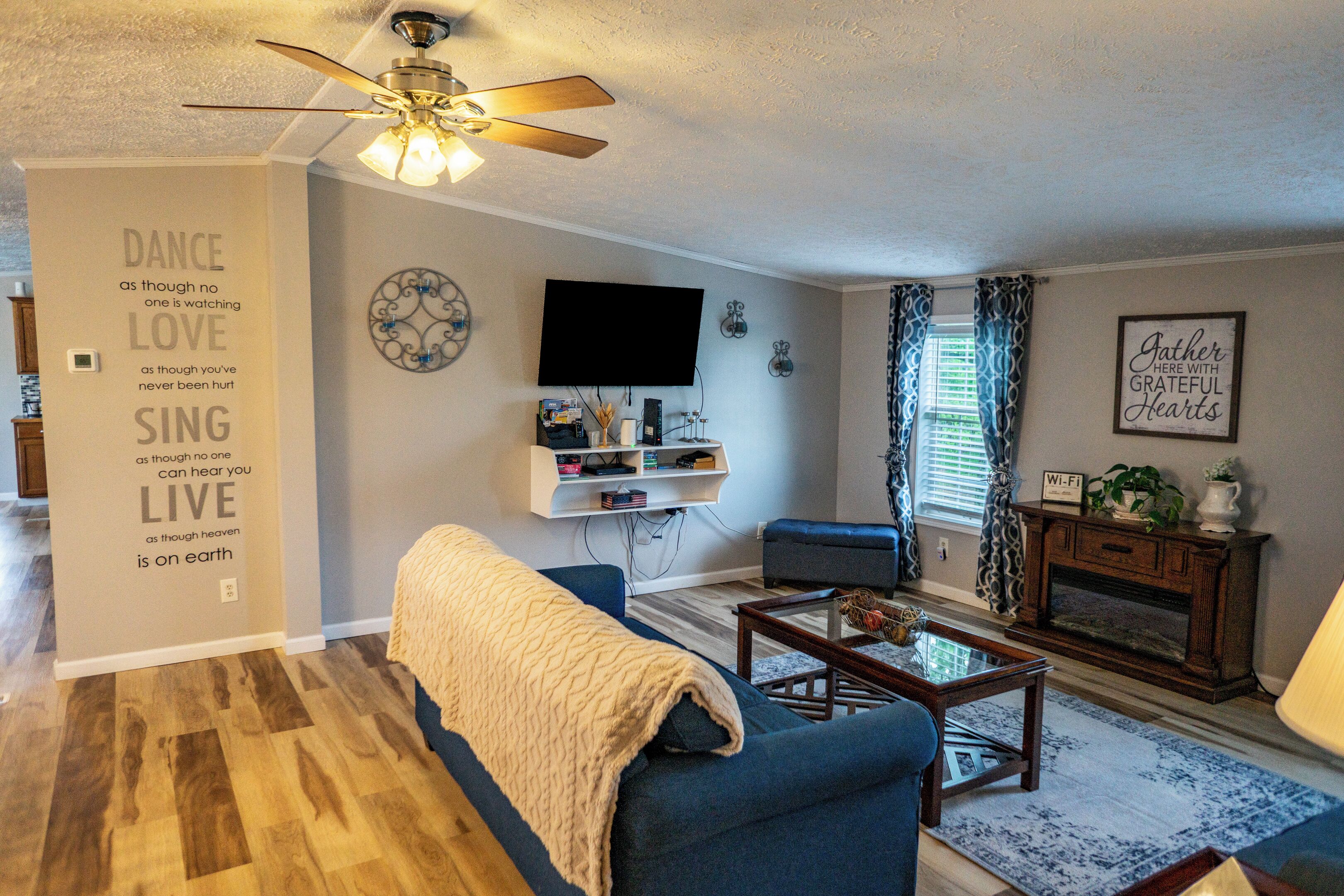 Smart TV, fireplace, DVD player, foosball