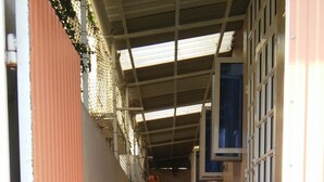 Un couloir avec des marches menant à une porte, un toit en métal et un mur percé d’une fenêtre.