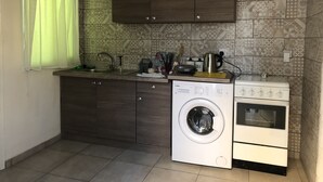 Een kleine keuken met een wasmachine, een kookplaat en een spoelbak.