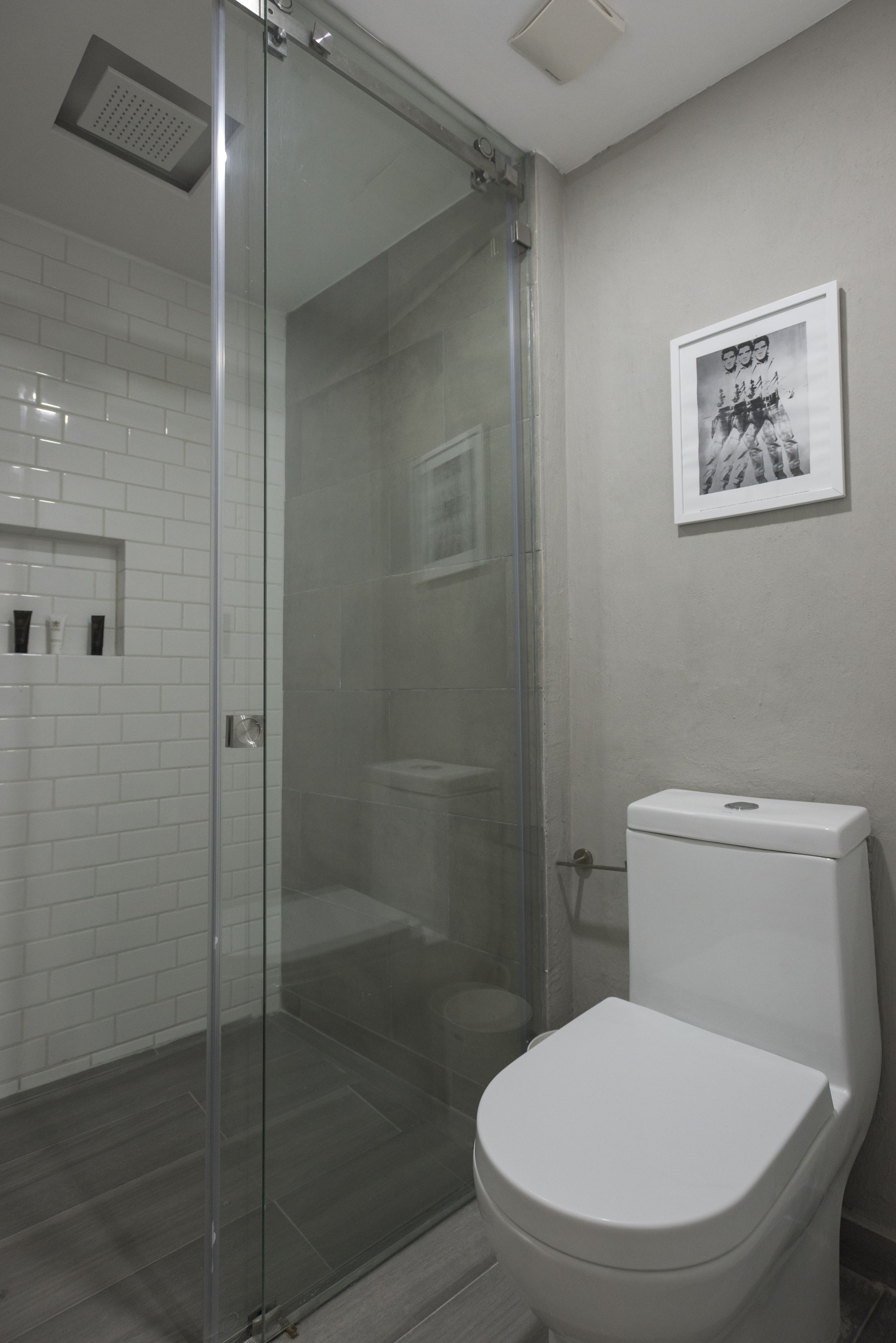 Un baño con ducha de vidrio, inodoro blanco y un cuadro en la pared.