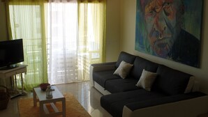 Un saló amb un sofà, una televisió sobre un moble, un quadre a la paret i cortines translúcides.