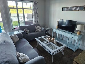 Smart TV, fireplace, books, stereo