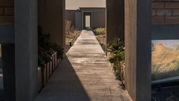 Un chemin en béton menant à l’entrée d’un bâtiment, bordé de murs en briques et de plantes.