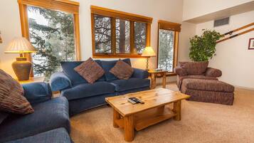 Een flatscreentelevisie, een open haard, een dvd-speler en een stereo