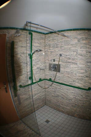 Shower, hair dryer, soap, shampoo