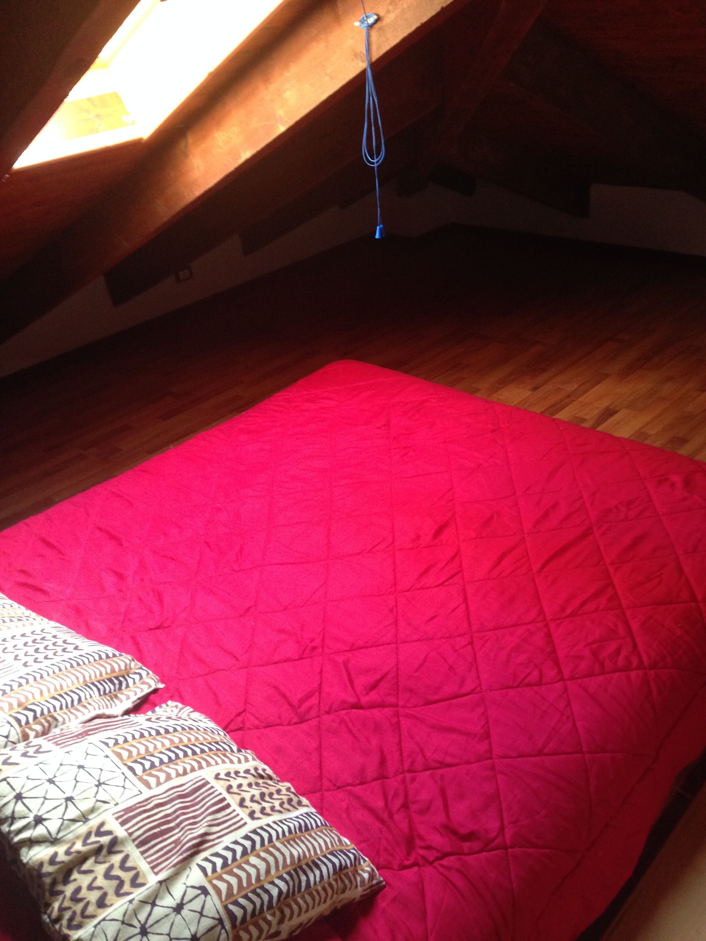 Un dormitorio con colcha roja, almohada estampada y techo inclinado con tragaluz.