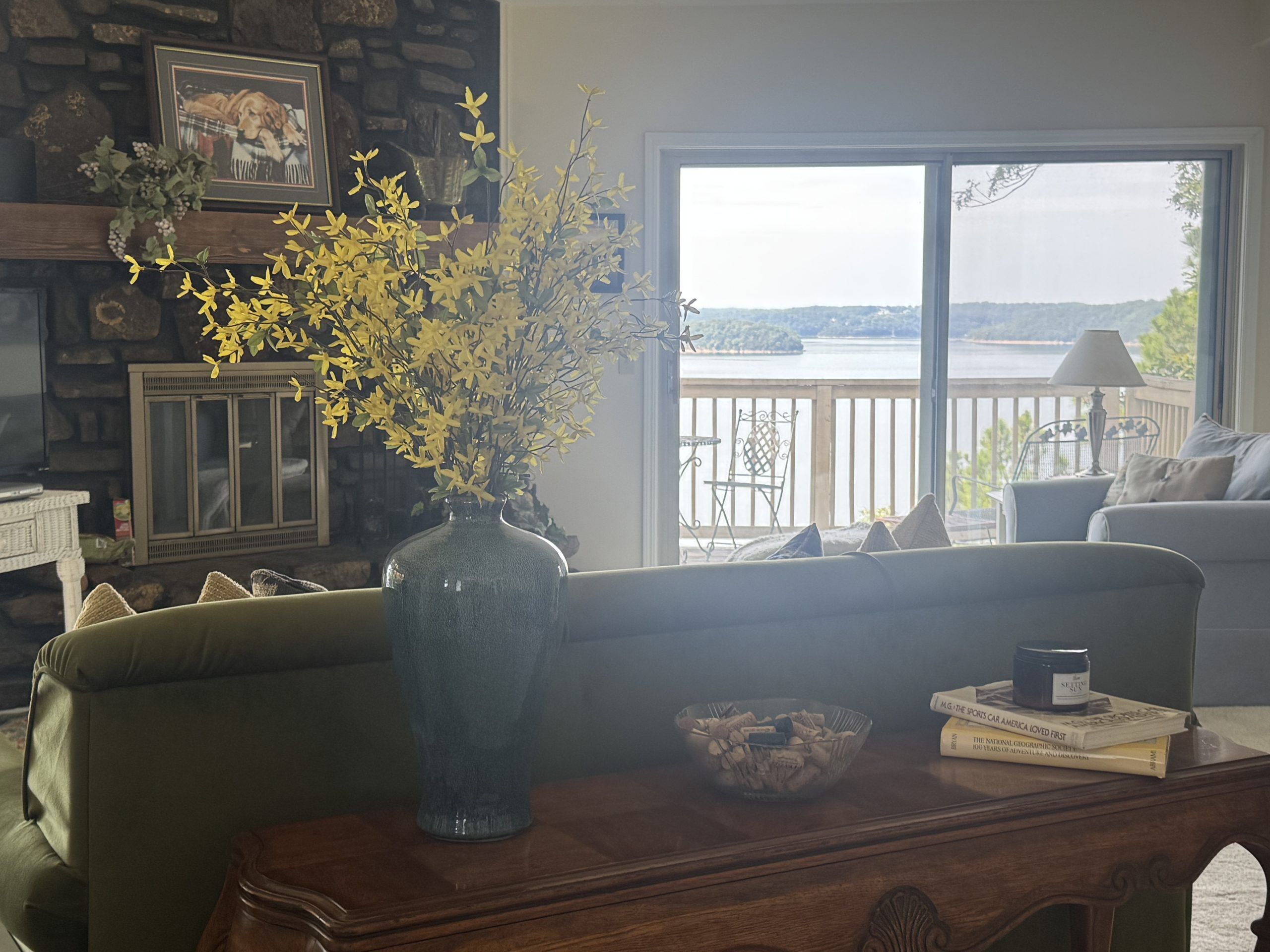 A living room with a green sofa, a wooden coffee table, a vase with yellow flowers, a bookshelf, and a view of a lake through a large window.