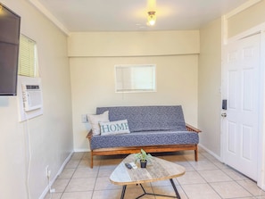 A living room with a sofa, a small table, a potted plant, and a wall-mounted air conditioner.