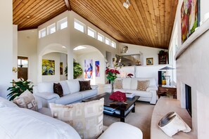 Smart TV, fireplace, books