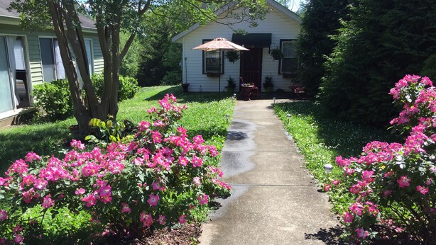 A residential driveway leading to a house with a porch and a mailbox.