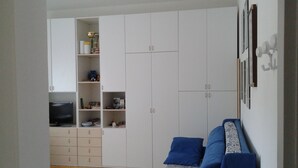 Una habitación con cama, televisor y armario.
