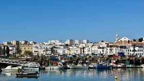 A coastal cityscape with a marina filled with boats, historic buildings, and a clear blue sky.