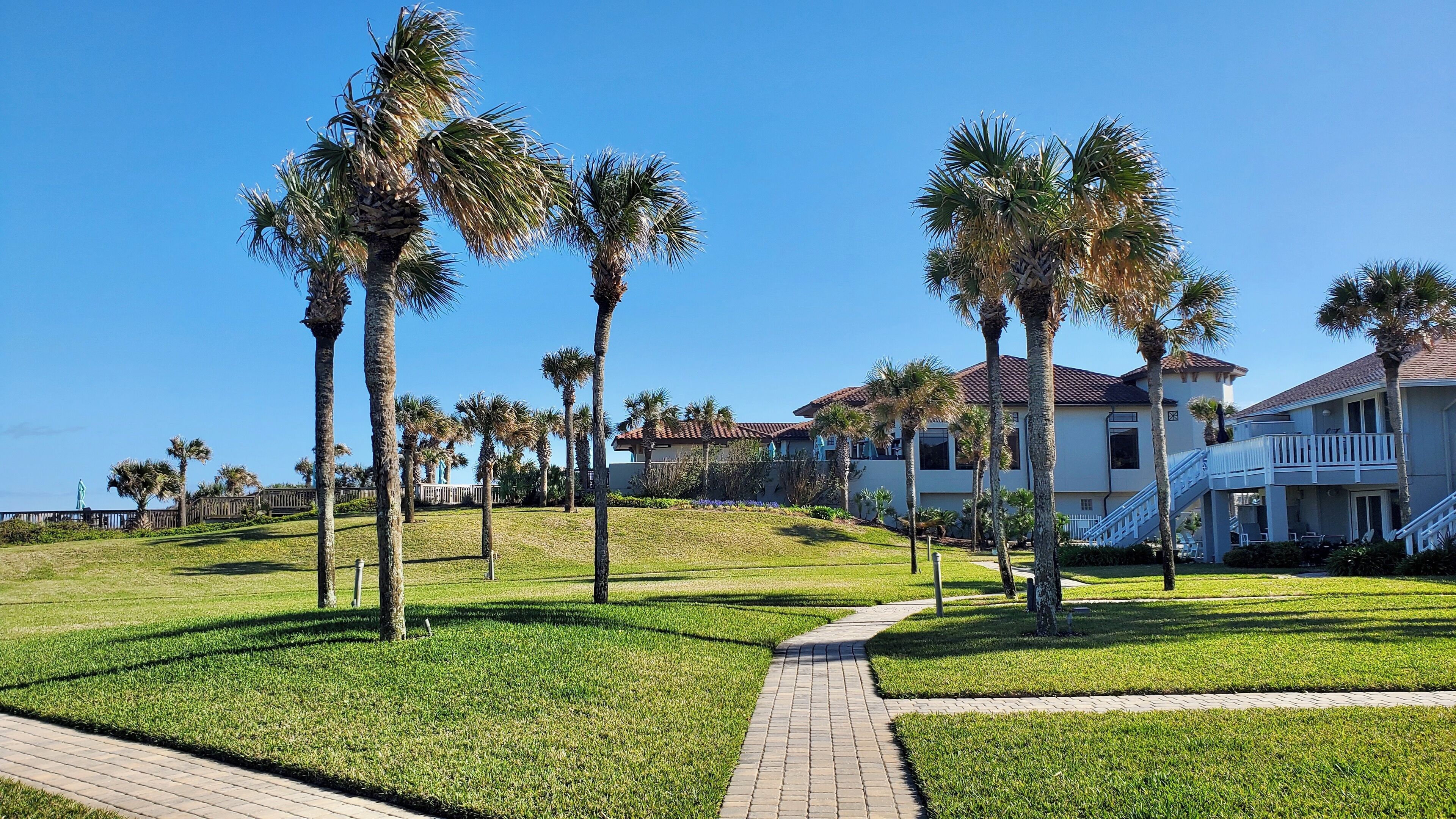 A well-maintained grassy area with palm trees, a paved walkway, and a two-story building with a balcony.