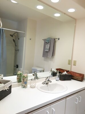 Duschwanne, Handtücher, Seife, Toilettenpapier