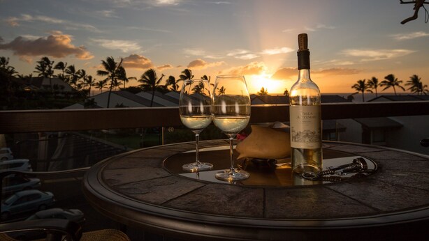 Una mesa con dos copas de vino y una botella de vino Villa Astori, con vista a un atardecer y palmeras.