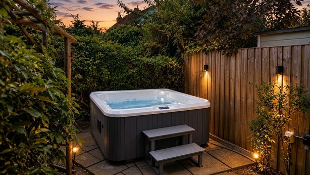 Un bain à remous dans un jardin, avec une clôture en bois et des marches menant à celui-ci.