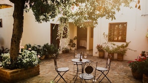 An outdoor patio with stone flooring, metal chairs, and tables, surrounded by potted plants and a tree. - Tierra Soñada Hotel Boutique (Tepatitlan de Morelos)